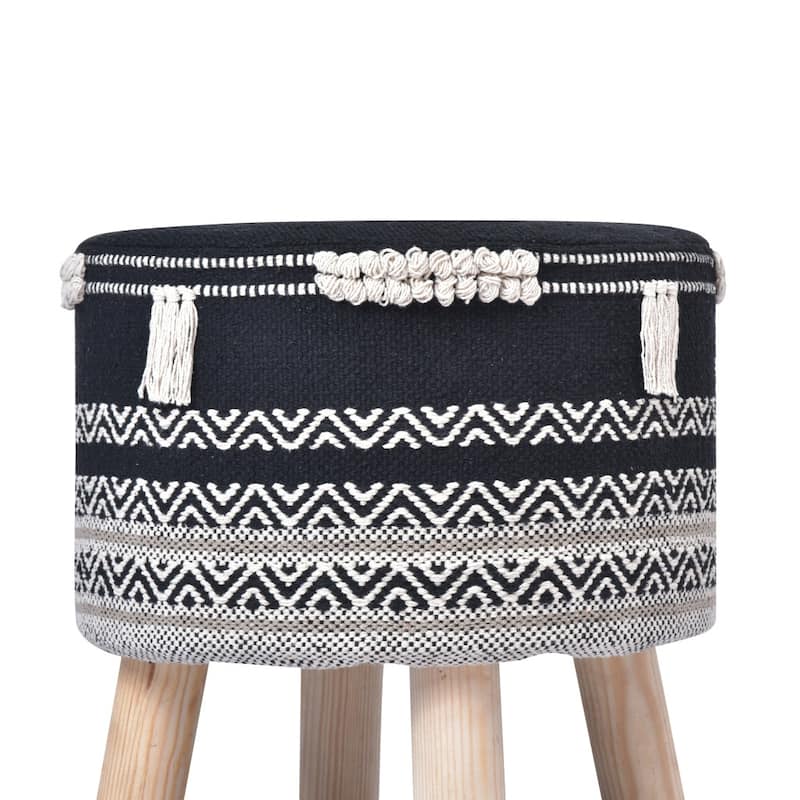 Black and White Cotton Chevron Ottoman with Natural Wood Legs 16 Inch Round