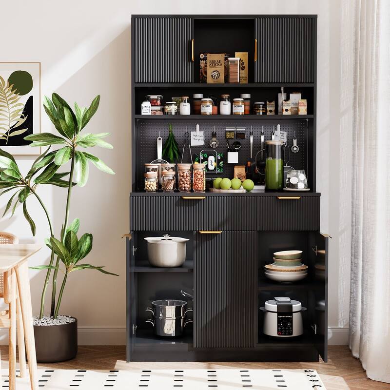 Meyreso Boho Fluted Kitchen Pantry Storage Cabinet Hutch with Microwave Stand and Power Outlets