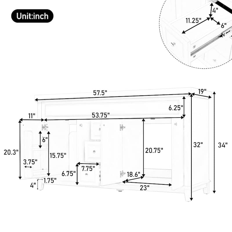 60" Bathroom Vanity-Classic-Wood Legs-Resin Double Sinks with Soft-Close Drawers & Doors.