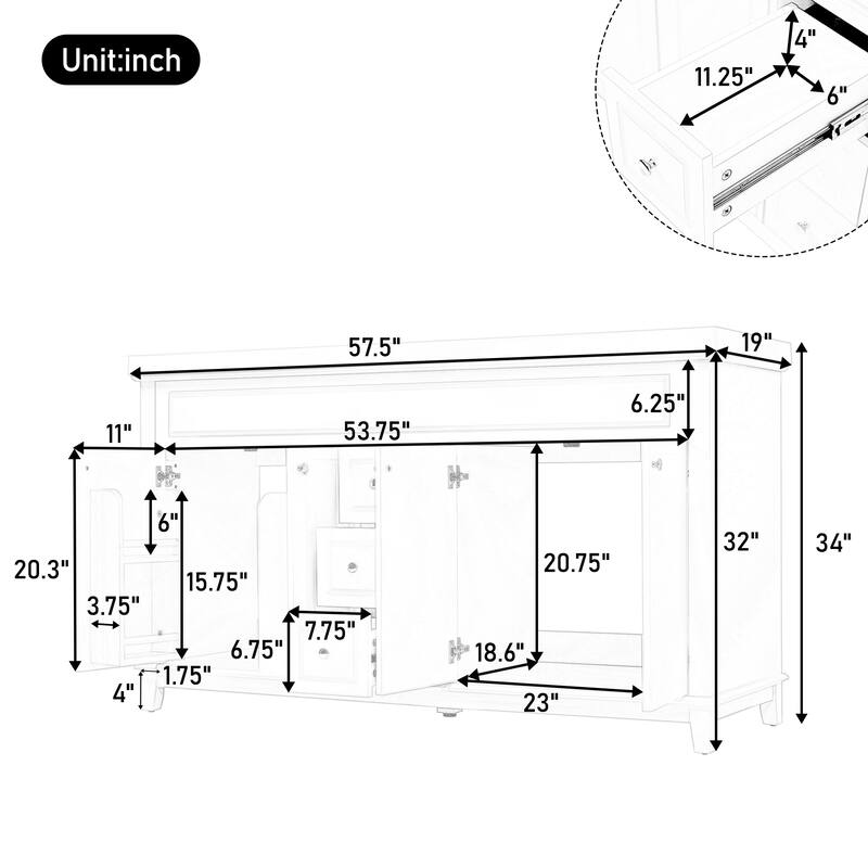 60" Bathroom Vanity with Double Resin Sinks, Soft-Close 4 Doors and 3 Drawers, Solid Wood Legs and Adjustable Shelves