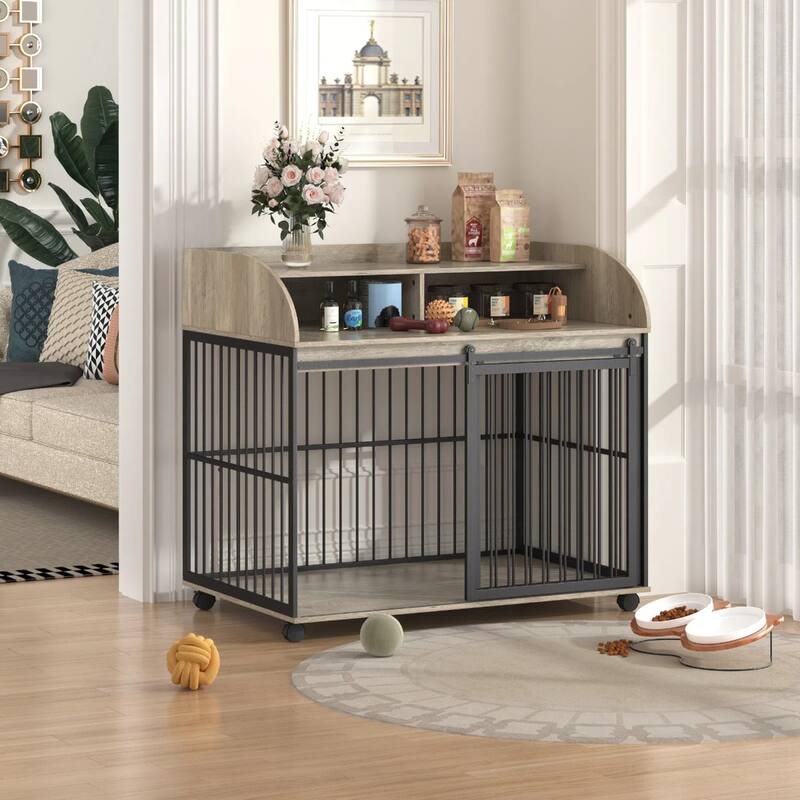 44" Wooden Large Dog Crate Furniture with Wheels and Double Storage - Grey