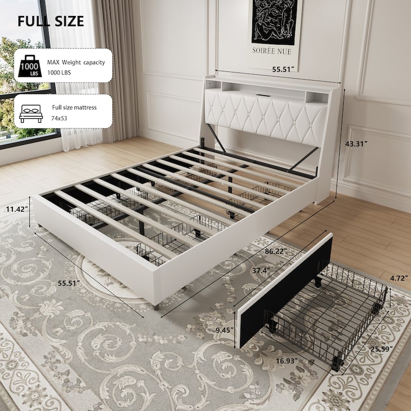 Full Size Platform Bed Frame with Ergonomic Headboard, Built-in Outlets, Storage Shelf, and No Box Spring Needed