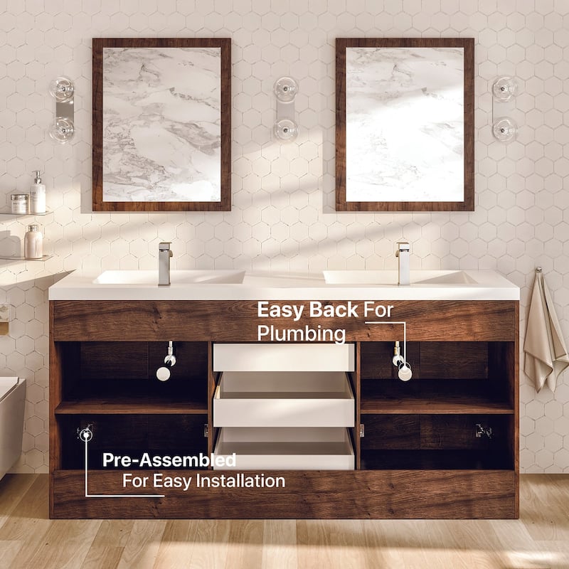 Eviva Lugano 60 inch Rosewood Modern Double Sink Bathroom Vanity with White Integrated Acrylic Top - 60"