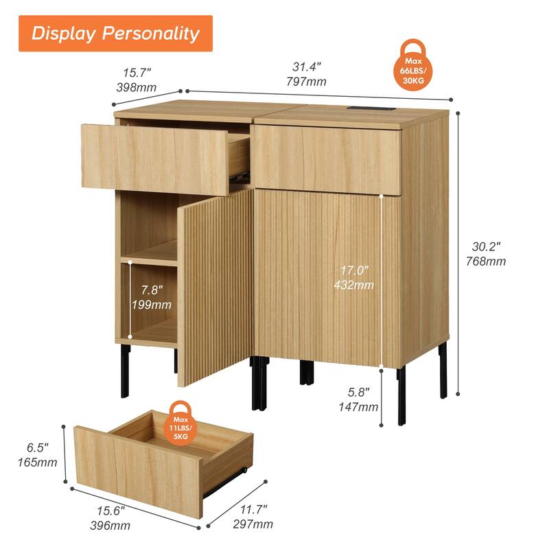 Modern Minimalist Nightstand Set Of 2 With Built-In Outlets, Reed Pattern Design
