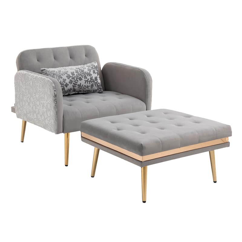 Velvet Upholstered Tufted Living Room Sleeper Chair With Ottoman