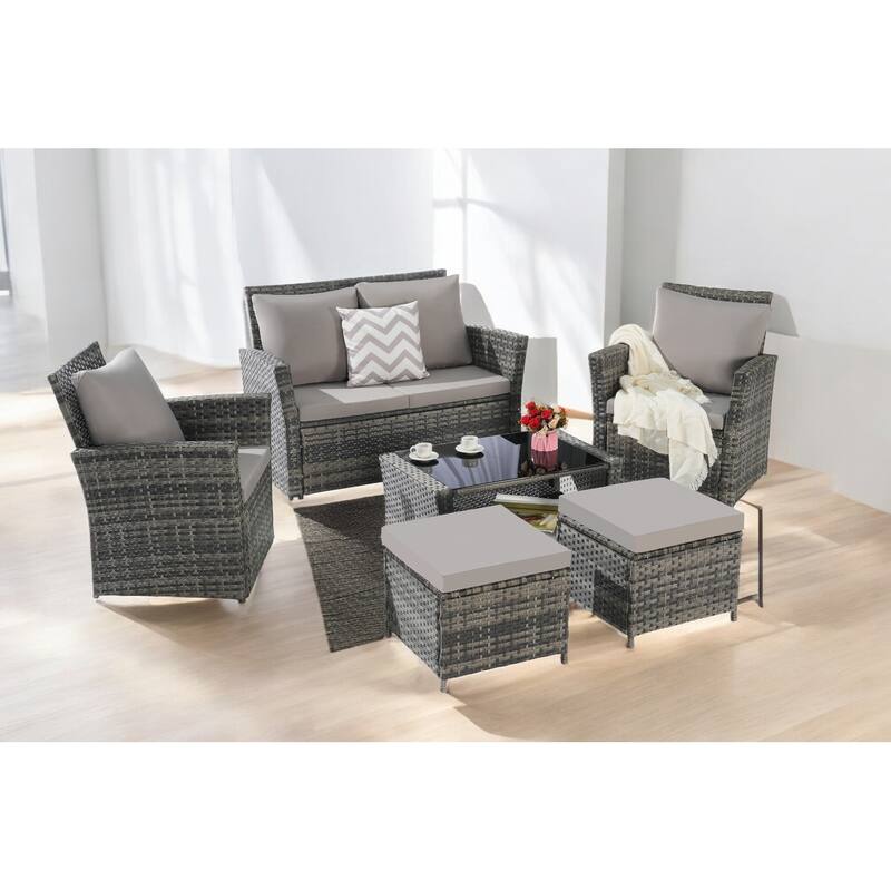 6-Piece Wicker Patio Furniture Set with Cushions & Coffee Table & Ottomans, Sofa for Outdoor Garden, Patio, or Balcony