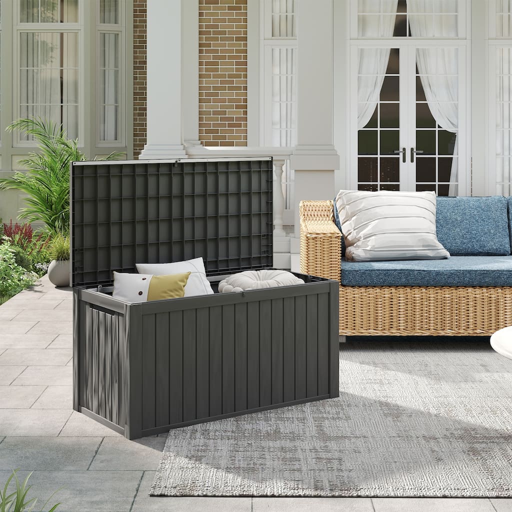 Deck Box Outdoor Storage, Extra Large Waterproof Resin Storage Box with Lockable Lid, Patio Cushion Storage for Garden Backyard