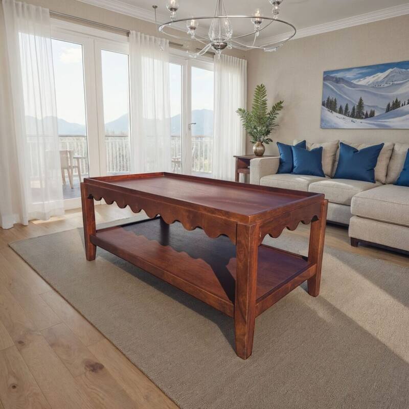 Carolina Chair & Table Scallop Coffee Table - Rectangular Mango Wood Side Table - Decorative Edge and Lower Shelf