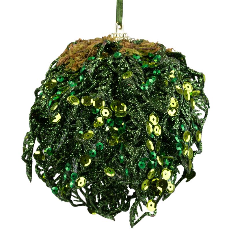 4" Green Glitter and Sequin Leaf Shatterproof Christmas Ball Ornament