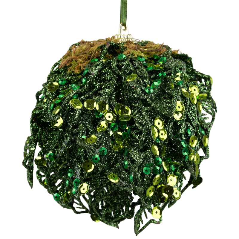 Sequin and Glitter Leaf Vines Christmas Ball Ornament - 4" - Green