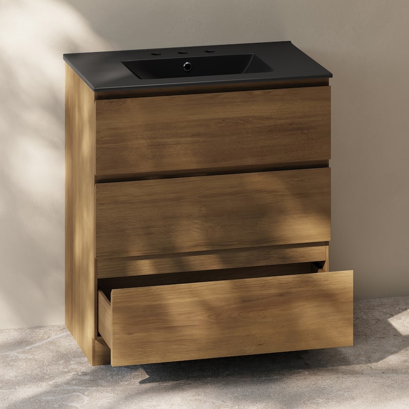 Liberte 30" Freestanding Bathroom Vanity In Brown Oak With Black 3-Hole Widespread Sink Top - 30