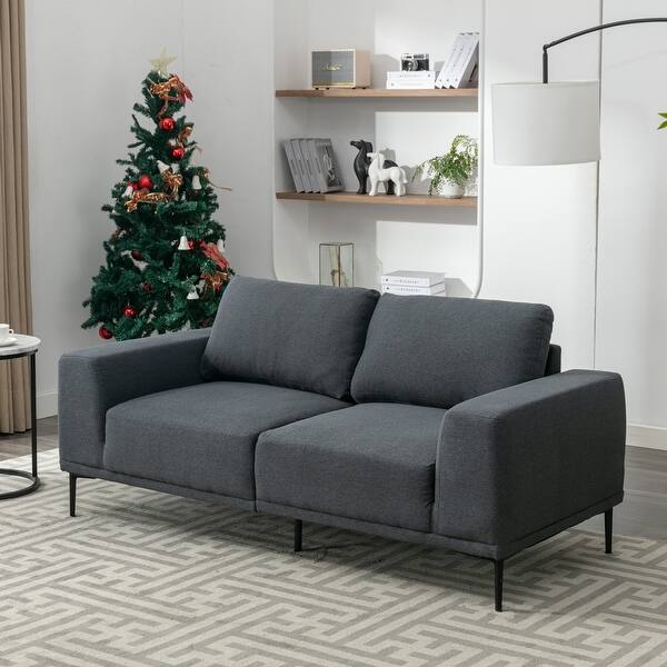 Dark Grey Linen Upholstered Large Sofa w/ Square Arm & Metal Legs Bed