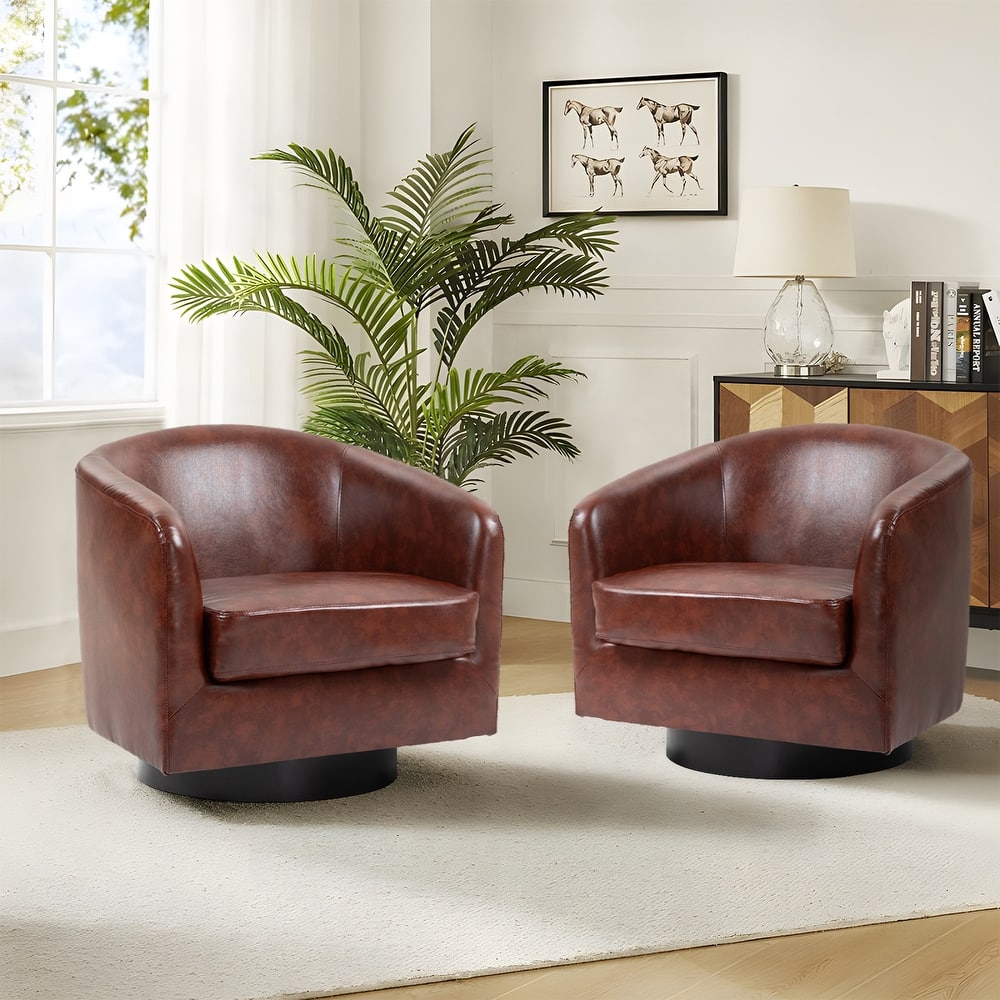 2 Set Modern Vegan Faux Leather Swivel Barrel Accent Chair