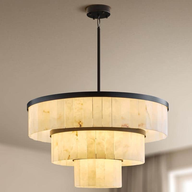 Elegant layered alabaster chandelier with natural stone panels - 32in - Black