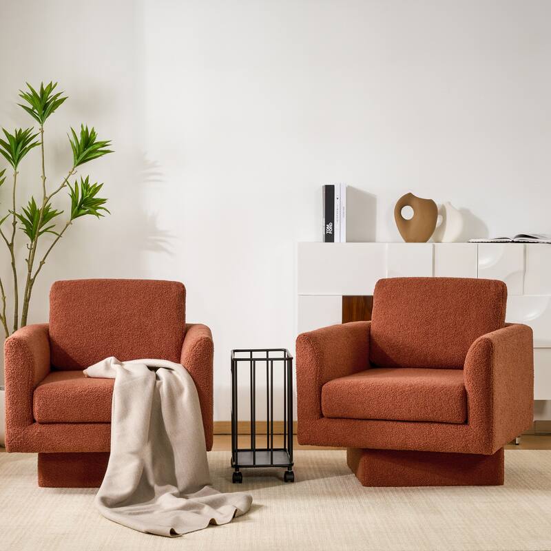 360° Swivel Accent Chairs Set Of 2,30" W Teddy Sherpa Round Armchair,Thick Padded Lounge Sofa,Upholstered Comfy Barrel Chair - Brick red