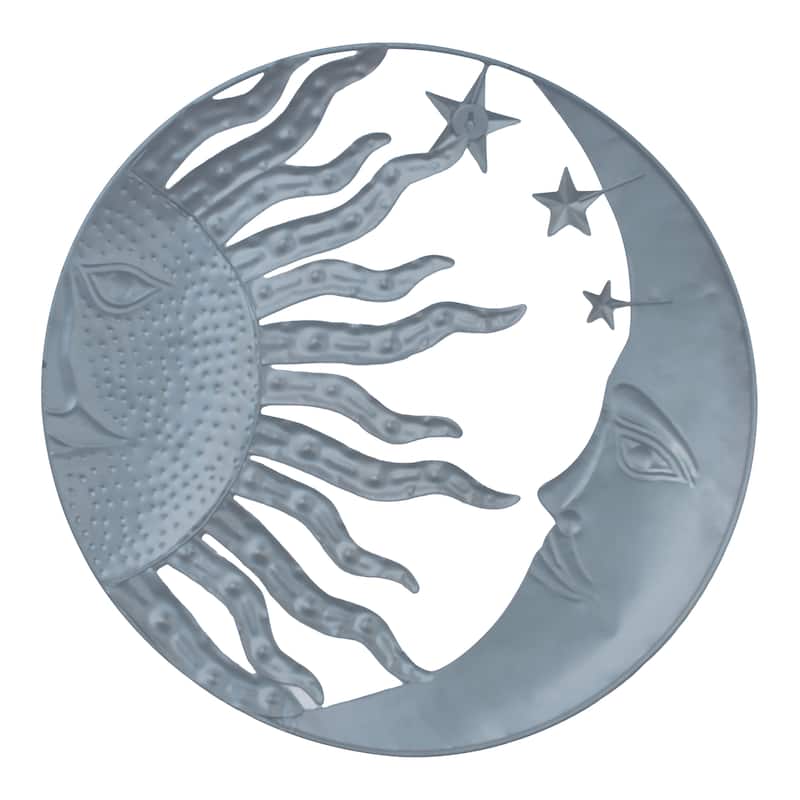 21 Inch Handcrafted Sun and Moon Accent Wall Decor, Round Metal Wall Mount, Rustic Gold, Bronze