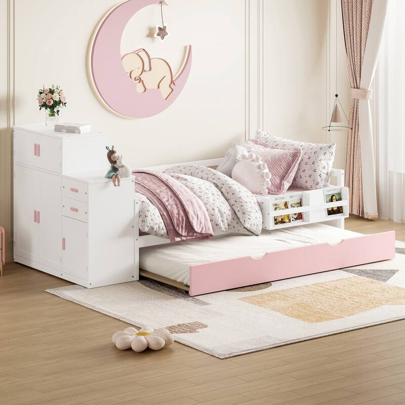 Twin Size Platform Bed with Bookshelf, Movable Wardrobe, Storage Cabinet, Drawer and Pull-out Trundle Bed, Wood Daybed Frame