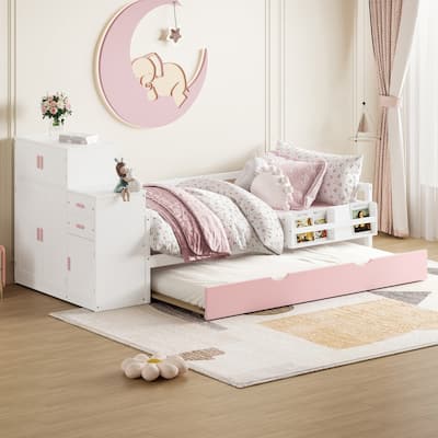 Twin Size Wood Platform Bed with Sample Bookshelf and Movable Wardrobe, Multifunctional Bed with Built-in Trundle Bed, Pink