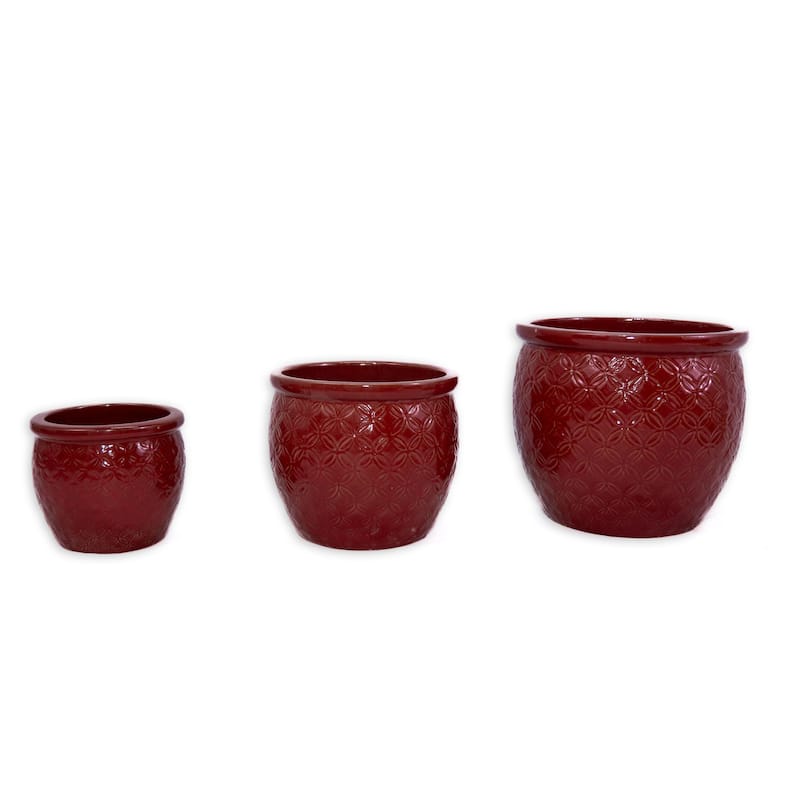 3 Pieces Ceramic Flowerpot, Modern Planter for Patio, Garden or Windowsills - Bean Paste Red