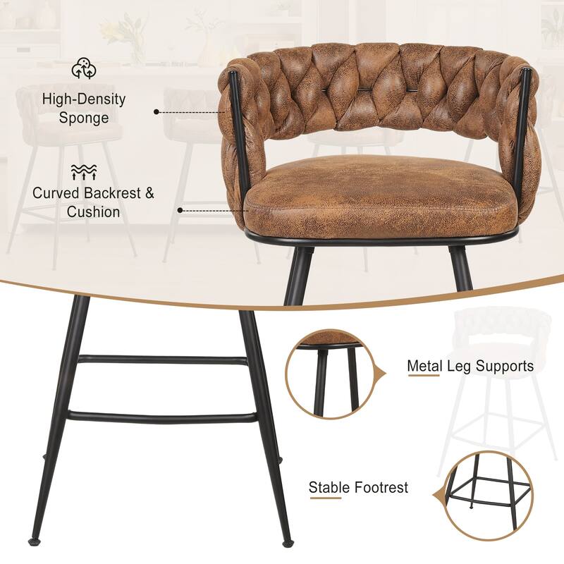 VECELO Counter Height Bar Stools with Woven Backrest 26.77" Seat Height Mid-Century Modern Upholstered Bar Chairs for Kitchen