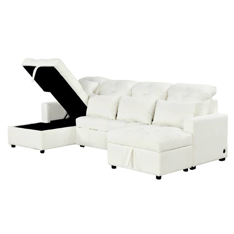 U-shaped Sofa Pull-out Sofa Bed, Modular Sectional Sofa with 2 Storage Chaise Lounges and 2 USB Ports for Living Room