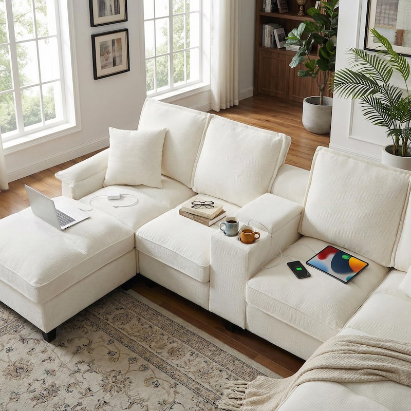 Homy Casa 120" U-Shaped Modular Corduroy Sectional Sofa Bed w/ Storage, Cup Holders & USB, 4-Seat (Beige/Green/Gray/Black)