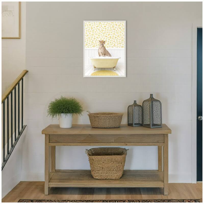 Kate and Laurel Sylvie Cheetah in Cottage Yellow Bathtub Framed Canvas by Amy Peterson
