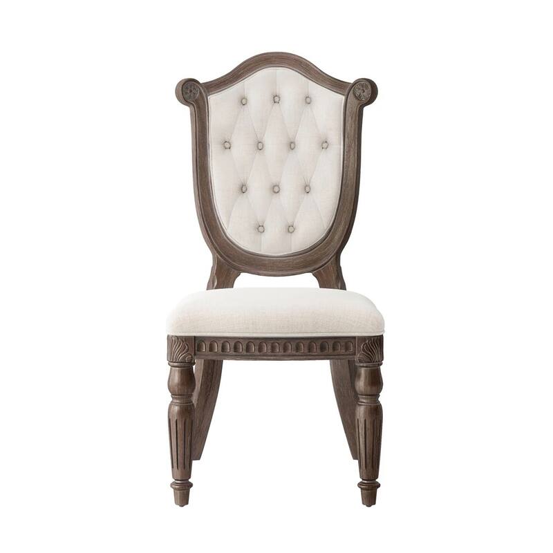 Set of 2 Upholstered Dining Chairs with Diamond Button Tufted Back in Weathered Oak and Beige