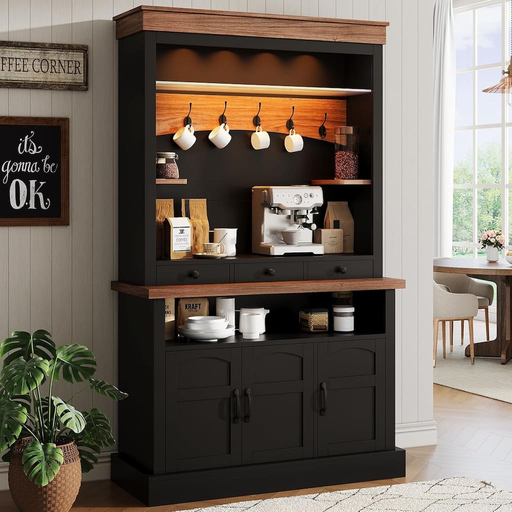 Coffee Bar Cabinet with LED Light, 72" Tall Farmhouse Coffee Bar Hutch with Storage