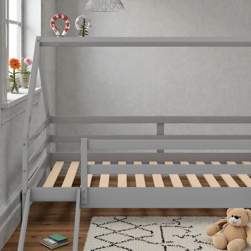 Twin House Bunk Bed with Slide and Ladder, Kids Wooden Bunk Bed Frame with Guardrails, Pine Wood and MDF