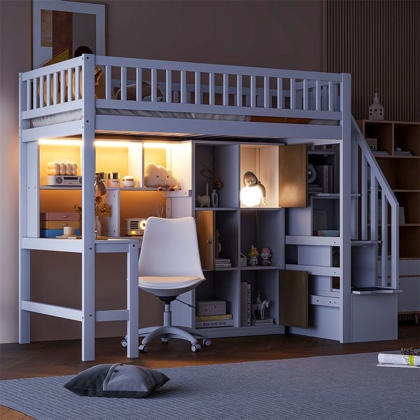 slide 2 of 33, Twin Size Loft Bed with Bulit-in Desk, LED Light and Storage Staircase, Wooden Loft Bedframe with Storage Shelves and Cabinets White