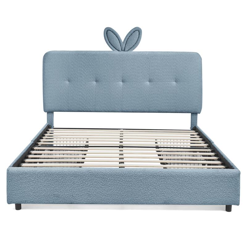 Queen Size Boucle Upholstered Bed with Rabbit Ear Headboard, LED Music Sync & 4 Drawers