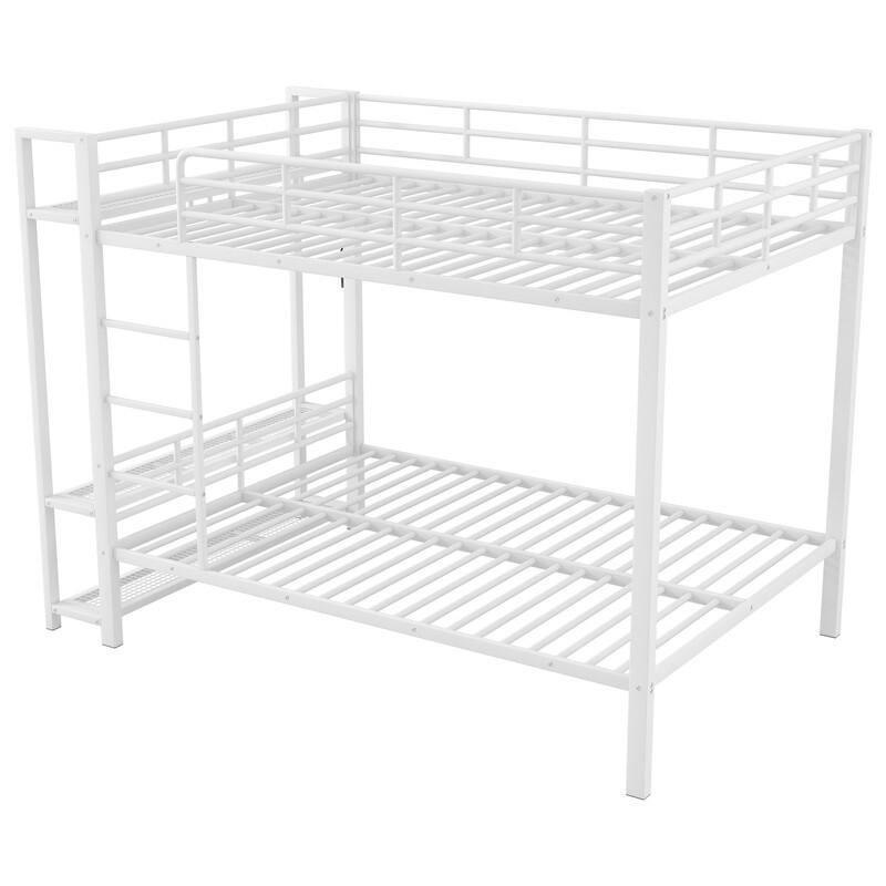 Full over Full Size Metal Bunk Bed with Mesh Shelves and Clothes Hooks, Storage Bed Frame with LED Light and Ladder