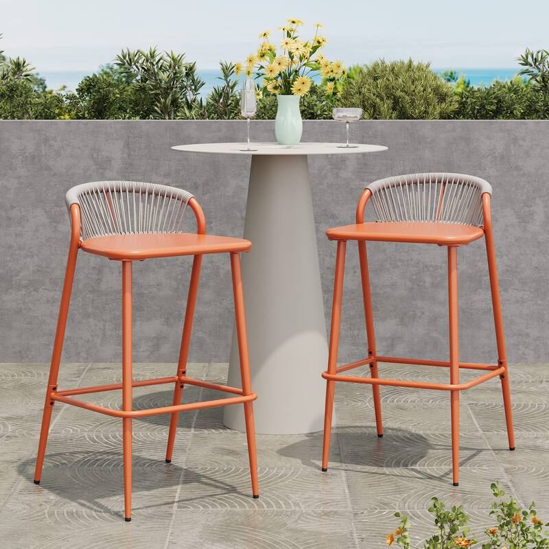 Christopher Knight Home - Samantha Durable Outdoor Barstools with Rope-Woven Backrest, Set of 2 - Orange