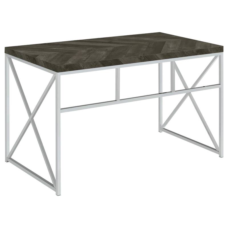 Modern Writing Desk with Chrome X-Shaped Metal Base and Rustic Grey Herringbone Finish for Office or Living Room