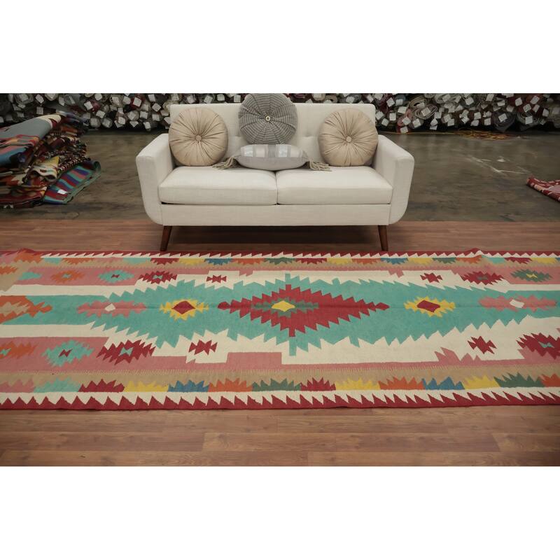 Hand Woven Oriental 100% Wool Carpet Southwestern Tribal Multi-Colored Kilim Runner Rug - 14' 10'' X 4' 9''