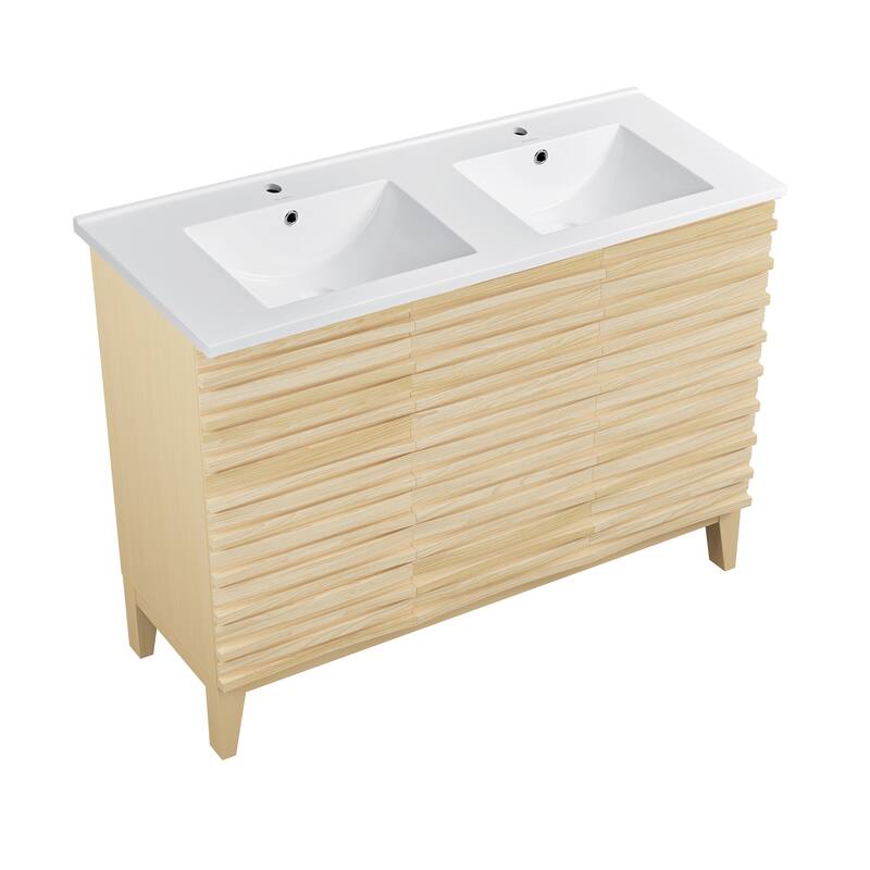 Cascade 48 In. Natural Oak, Double Basin Bathroom Vanity With White Ceramic Sink Top