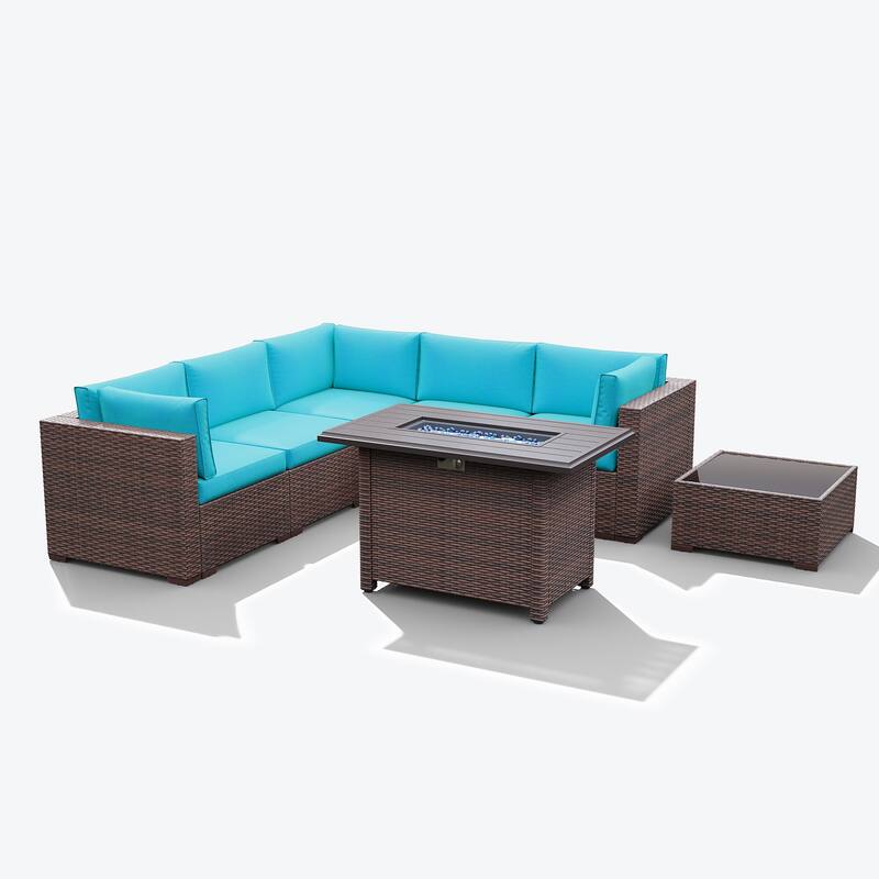 7 Piece Wicker Set Patio Sofa Furniture with Fire Pit And Table