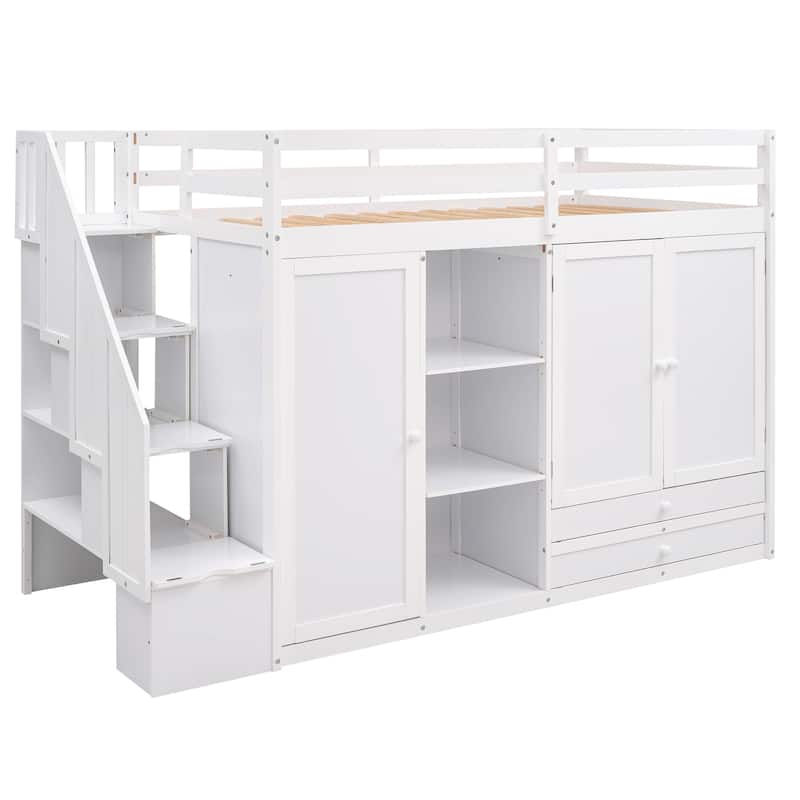 Full Pine Loft Bed with Shelves and Wardrobes