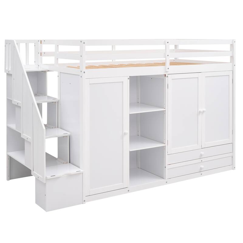 Functional Loft Bed with 3 Shelves, 2 Wardrobes and 2 Drawers, Ladder with Storage, No Box Spring Needed