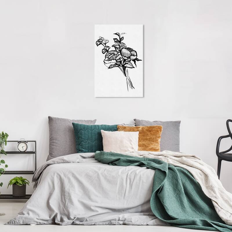 Wynwood Studio Canvas Floral and Botanical Ink Peonies Black and Rustic Wall Art Canvas Print - 24 x 16