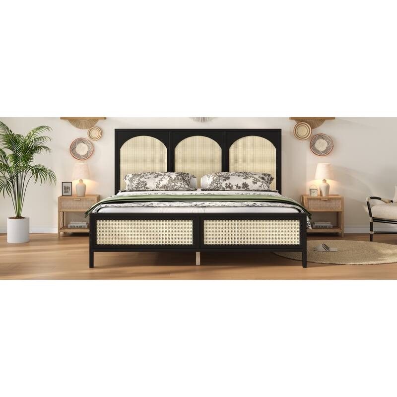 Roomfitters Queen/King Wood Platform Bed with Rattan Headboard and Footboard