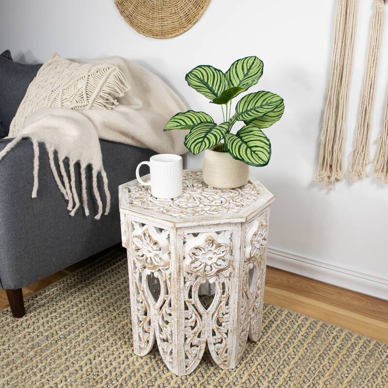 18" Antique White and Brushed Gold Carved Octagonal Side Table