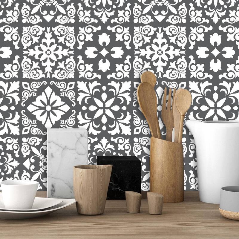 Walplus Dark Grey Spanish Renaissance Tile Stickers Peel and Stick Wall Stickers Wall Art