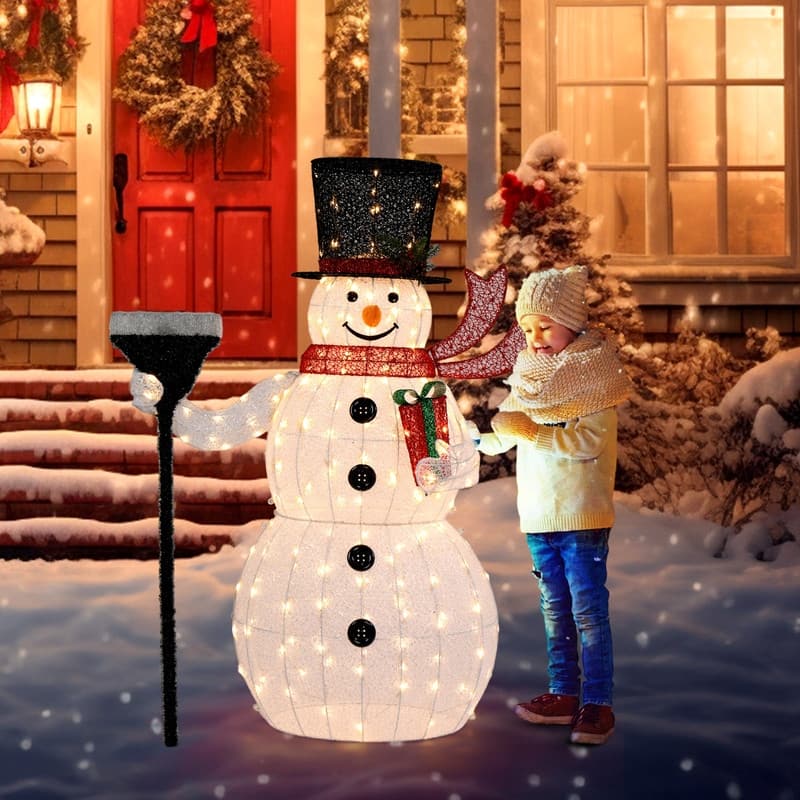 5ft Lighted Christmas Snowman Outdoor Decorations with Broom（ Pre-lit 200 LED ） - White