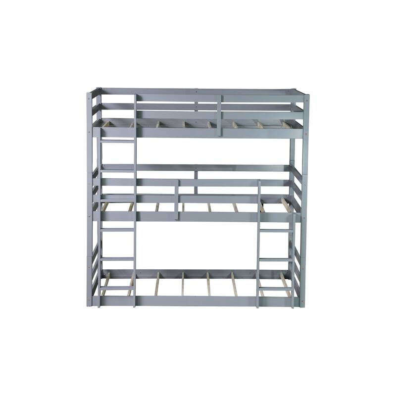 Space-Saving Triple Twin Bunk Bed, Rubber Wood Construction, Detachable into Three Beds, with Guardrails