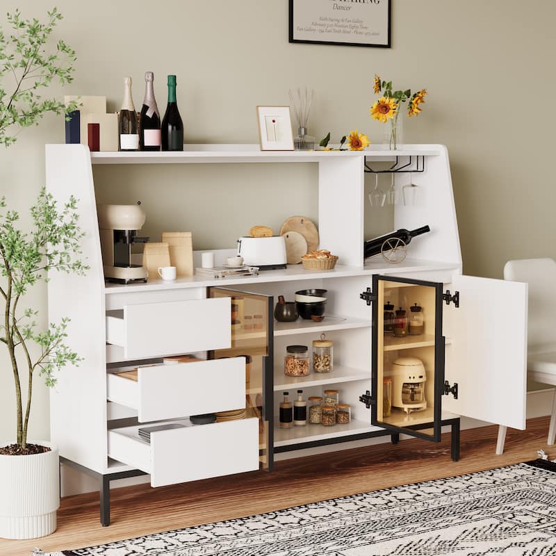 Coffee Bar Cabinet with Wine Glass Rack and Drawers, Liquor Cabinet with 3 drawers and glass door locker - White