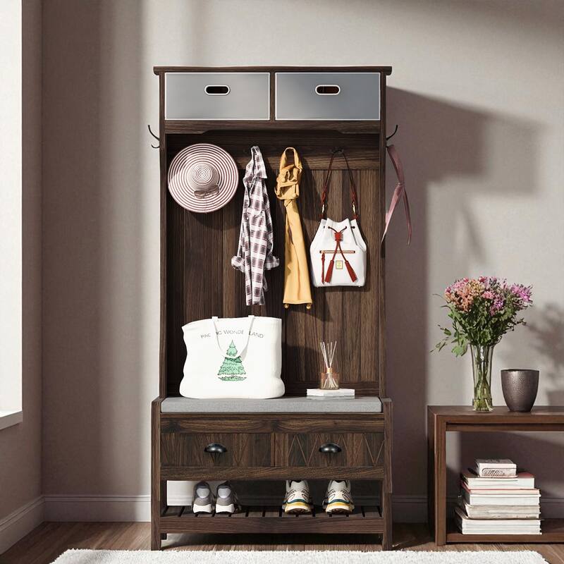 Hall Tree with 6 Hooks & Hinged-Lid Storage Bench, Entryway Coat Rack with Drawers & Shoe Cubbies, 34.2W x 68.5H - Brown