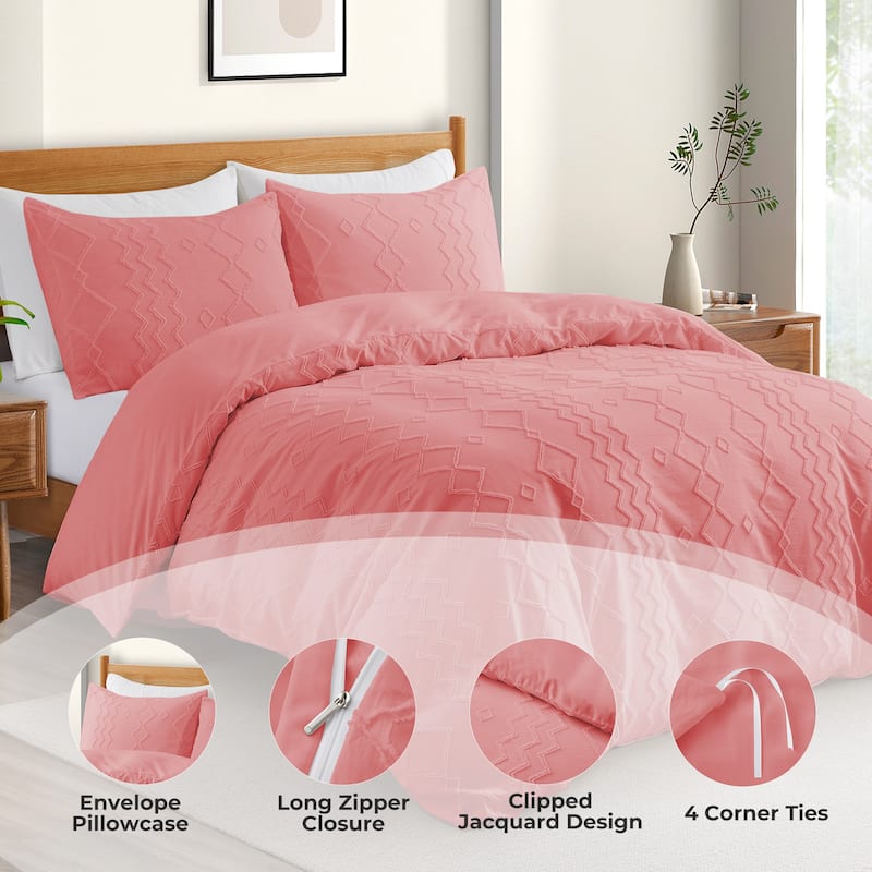 Tufted Clipped Jacquard Geometric Duvet Cover & Pillowcase Set - Pink/Diamond - Queen/Full