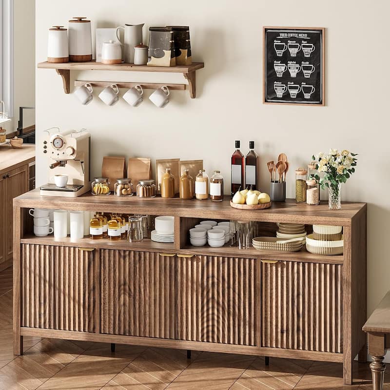 65.8 Inch Fluted Sideboard Buffet Cabinet with 4 Doors with Fluted Door - Brown